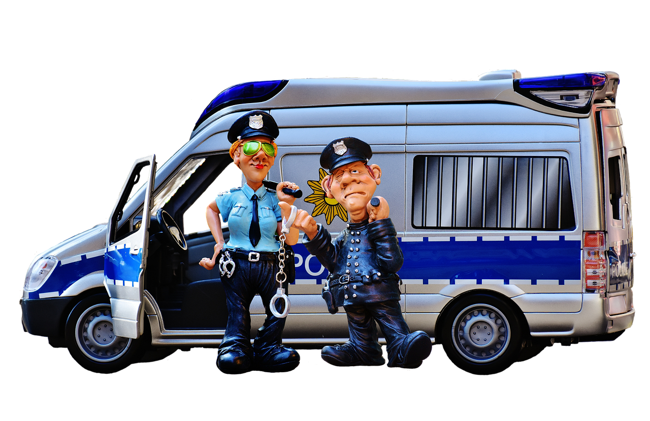 a couple of figurines standing next to a van, a cartoon, by Zoran Mušič, pixabay, conceptual art, police officers, puppet, arrested, watch photo