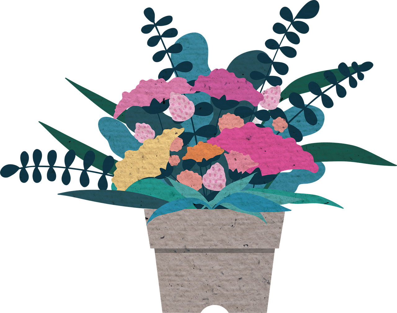 a flower pot filled with lots of colorful flowers, a digital painting, inspired by François Boquet, unsplash, conceptual art, cut-out paper collage, stylized silhouette, けもの, grainy