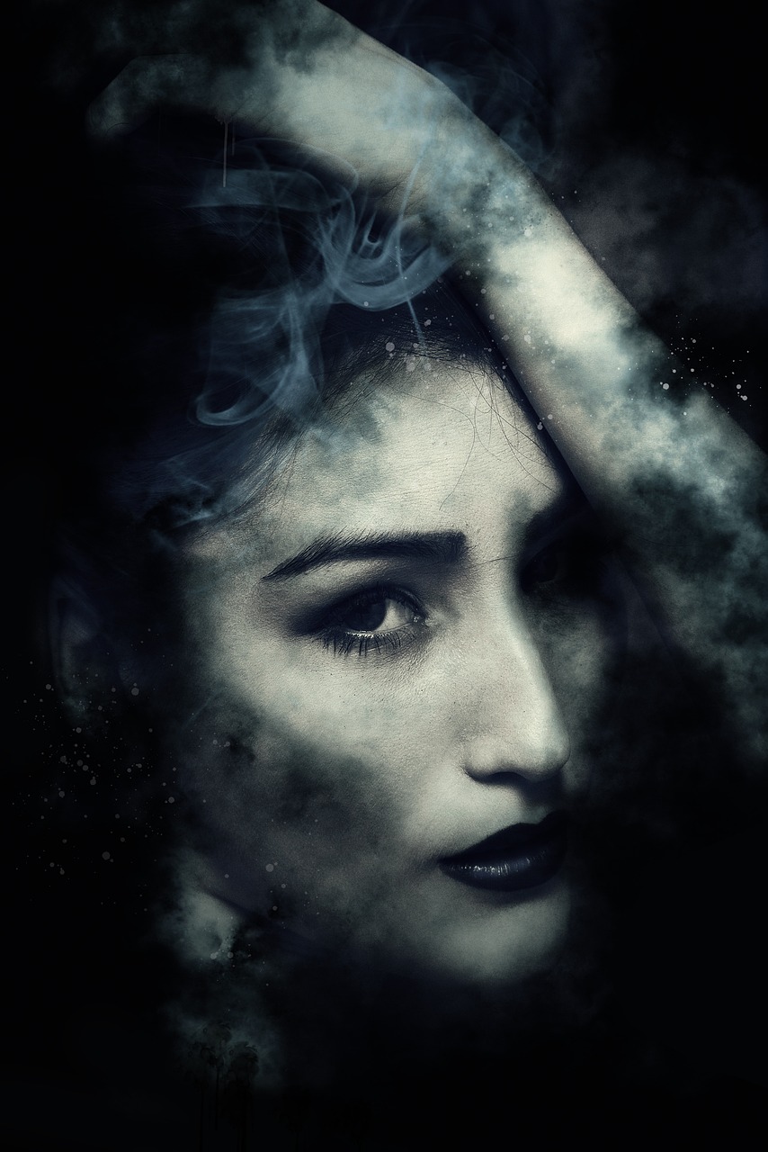 a woman with smoke coming out of her head, by Adam Marczyński, digital art, carice van houten, stars in her gazing eyes, art concept for a book cover, closeup portrait