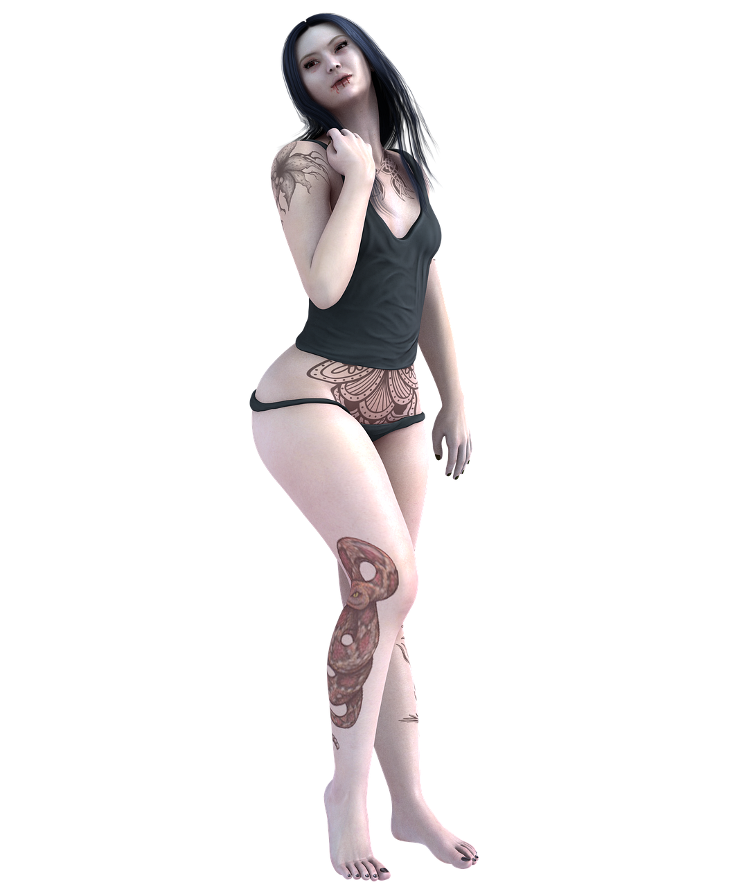a woman with a tattoo on her leg, a 3D render, inspired by Anne Stokes, intricate latex set, full entire body fun pose, thicc, fullbody photo