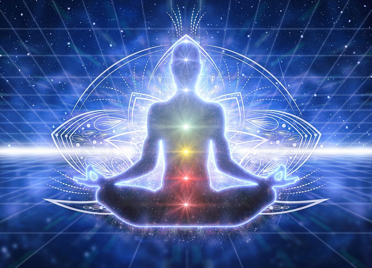 a person sitting in the middle of a meditation pose, a hologram, by Jeanna bauck, shutterstock, metaphysical painting, chakra diagram, esoteric equation heaven, full length shot, stock photo