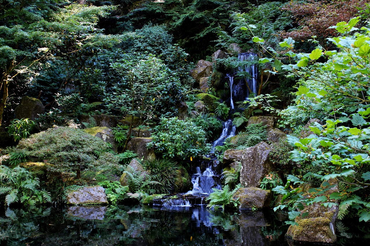 a waterfall in the middle of a lush green forest, a photo, inspired by Shūbun Tenshō, flickr, manicured garden of eden, sharp focus ”, paris 2010, imari