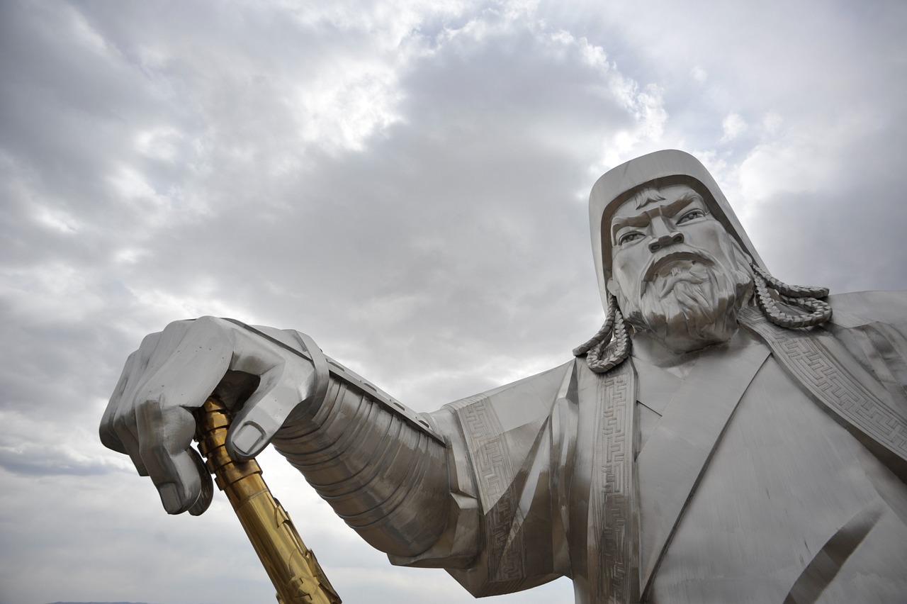 a statue of a man holding an umbrella, by Alexander Fedosav, flickr, new sculpture, genghis khan, photograph credit: ap, holding a giant weapon, wide chin