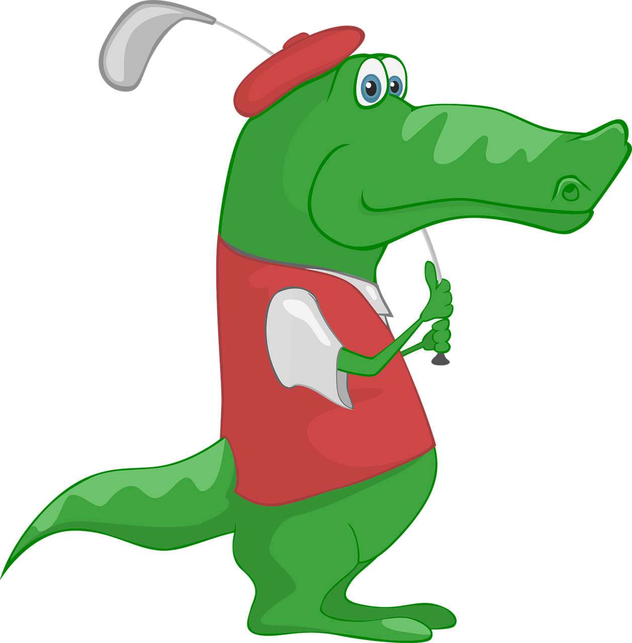 a cartoon alligator with a golf club in his hand, pixabay, cobra, red and green color scheme, photo photo
