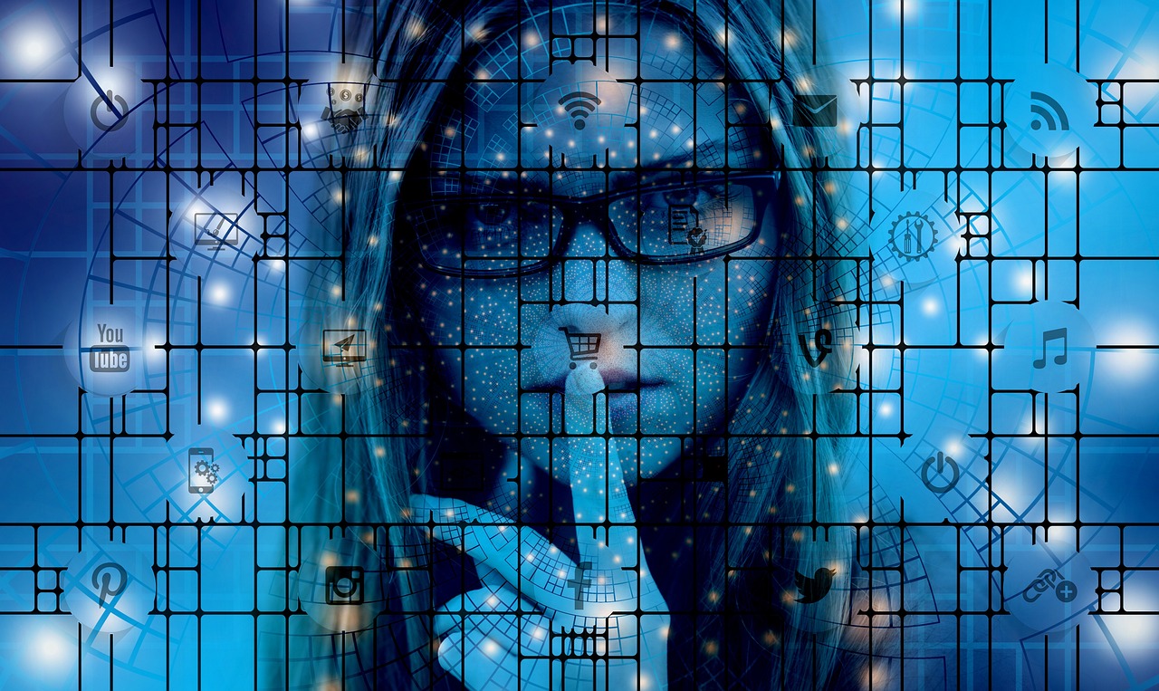 a woman with a finger on her lips, pixabay, digital art, electronics see through, grid and web, datanft as a data avatar, 2 0 5 6 x 2 0 5 6