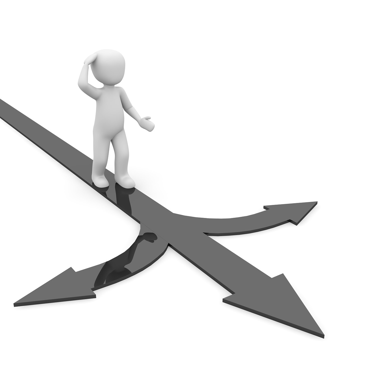 a person standing on two arrows pointing in opposite directions, a picture, crossover, looking partly to the left, 3d character, a single