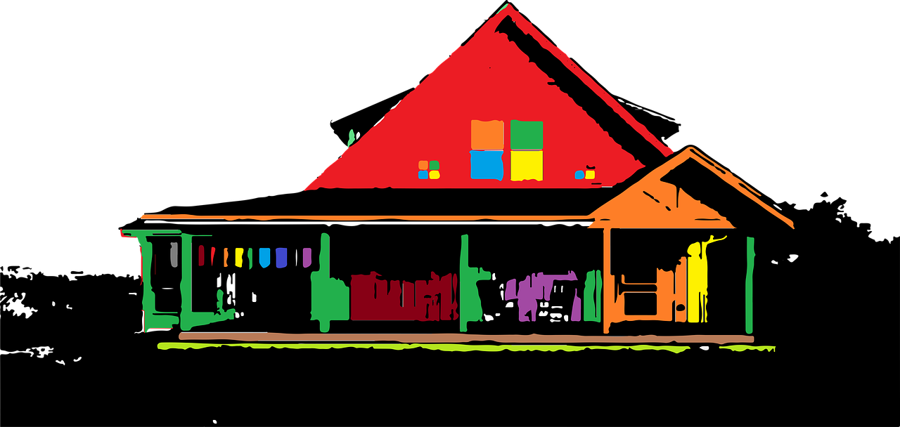a drawing of a house with a red roof, a digital painting, by senior artist, conceptual art, black light, multi colored, drawn in microsoft paint, nyan cat