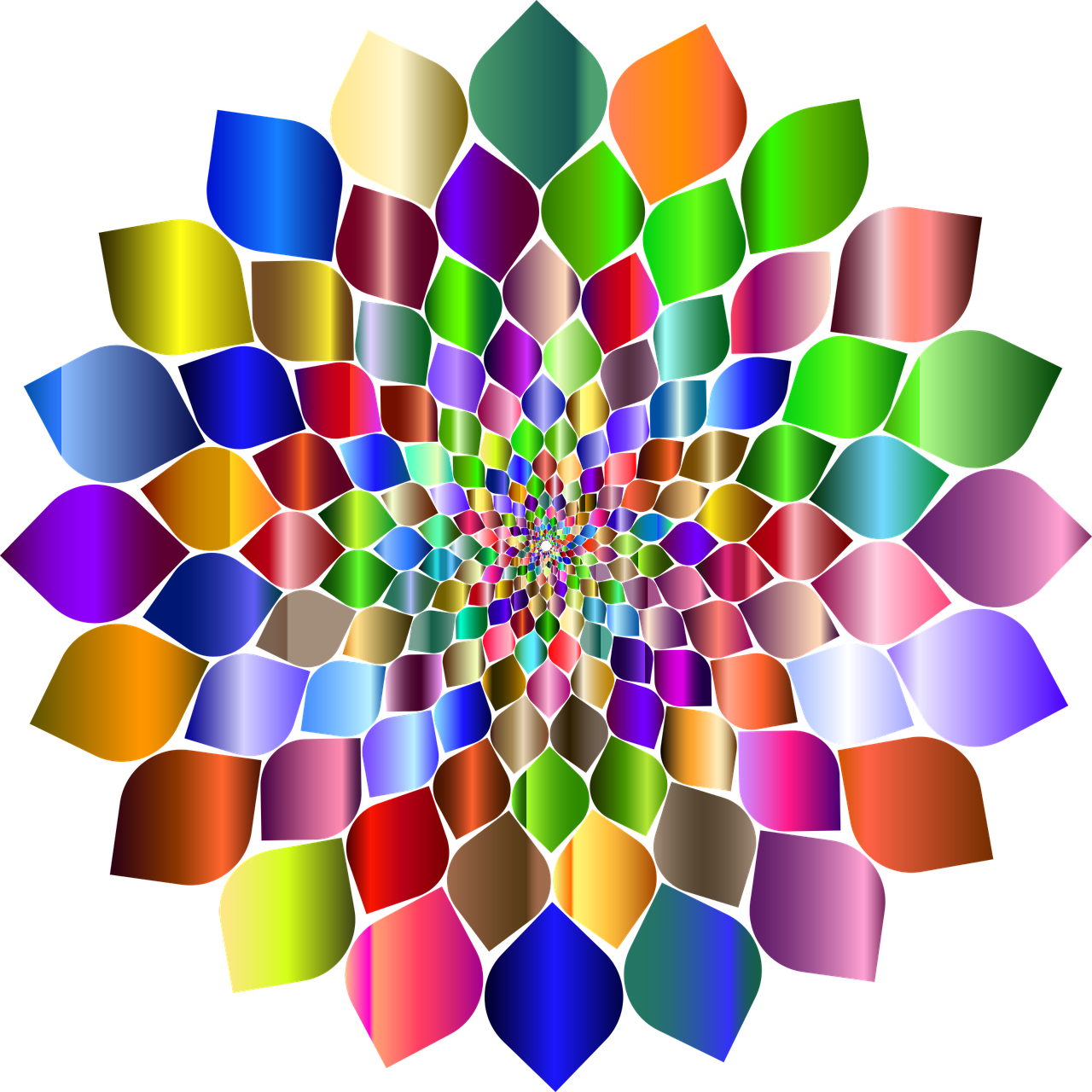 a multicolored flower on a black background, a raytraced image, inspired by Victor Vasarely, flickr, mc escher tessellation, !!! very coherent!!! vector art, seen from below, color wheel