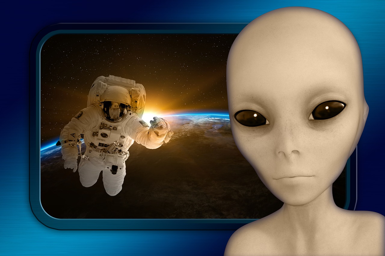 a close up of a person in a space suit, digital art, inspired by Jim Burns, pixabay contest winner, aliens in the background, the first selfie on earth, unpublished photo of ufo, 188216907