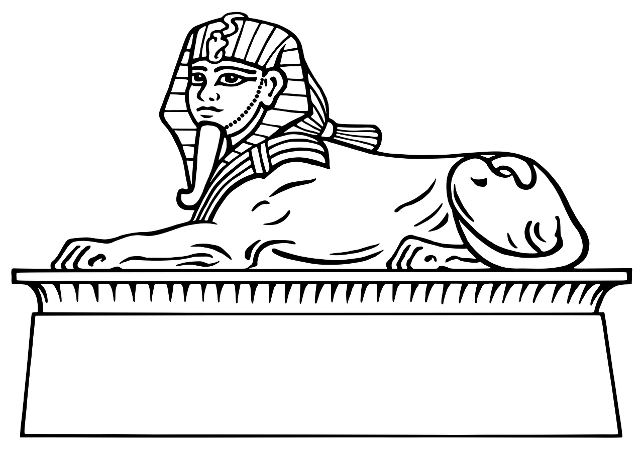 a black and white drawing of an egyptian statue, lineart, trending on pixabay, laying on a bed, the sphinx, 3840x2160, flat coloring