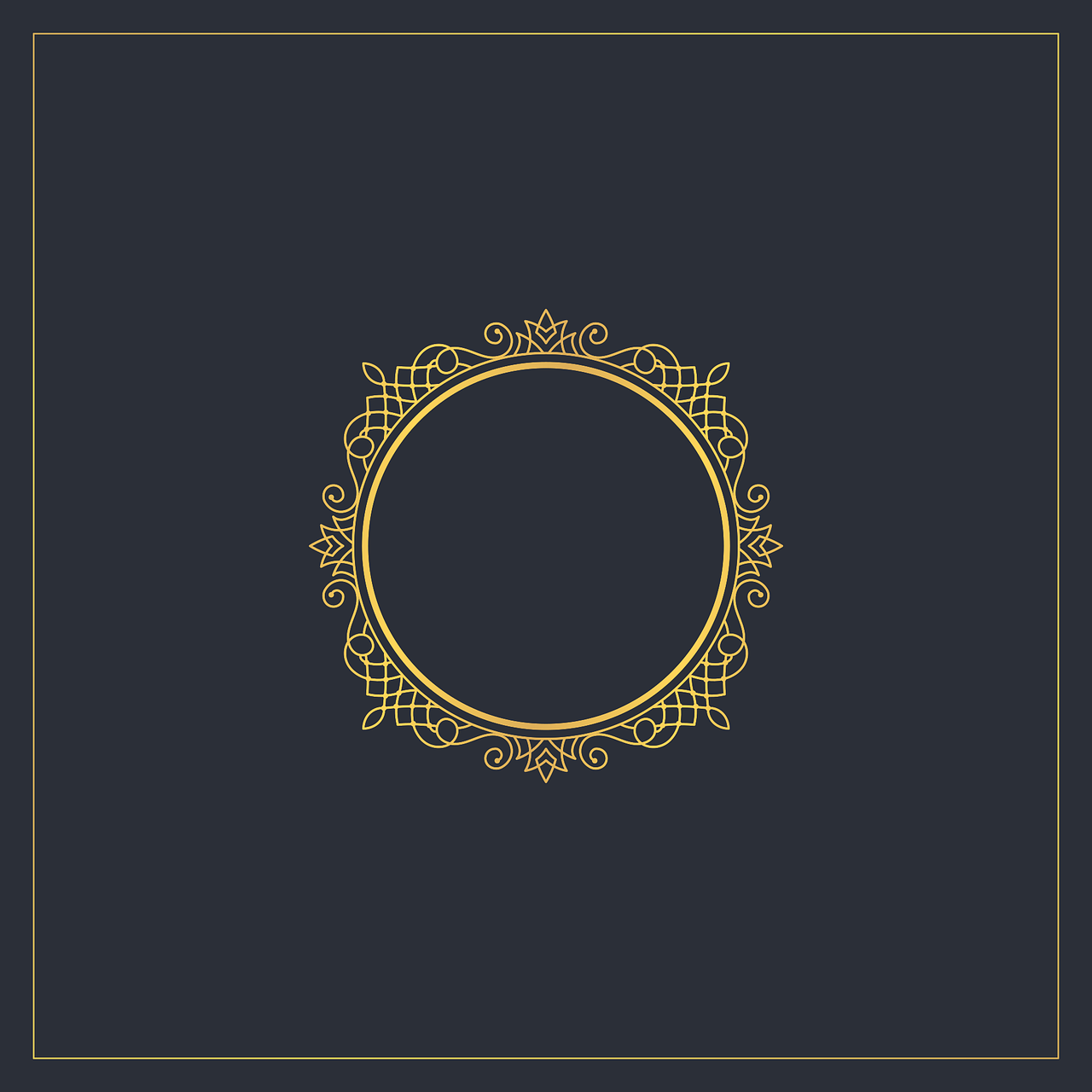 a gold frame on a black background, by Andrei Kolkoutine, art deco, minimalist logo vector art, dark blue background, intricate fine details, circle
