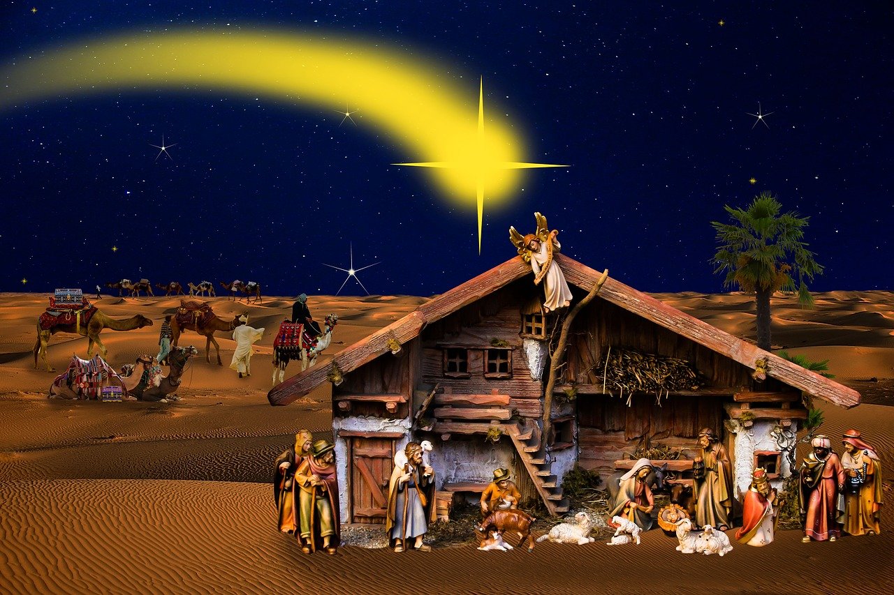 a nativity scene with a star in the sky, an illustration of, shutterstock, realism, [[fantasy]], toy photo, biblically accurate, edited in photoshop