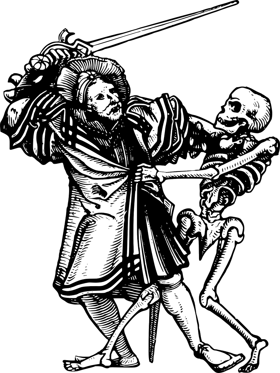a couple of skeletons standing next to each other, a woodcut, sots art, dancing a jig, the harbringer of death, black-and-white, renaissance era