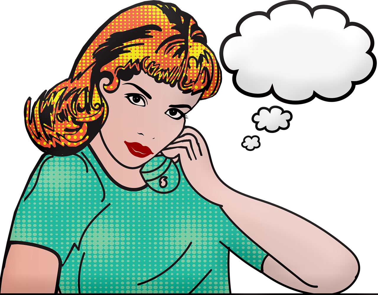a woman talking on a cell phone with a thought bubble above her head, shutterstock, pop art, 50s style infomercial, woman very tired, medium close up shot, stock photo