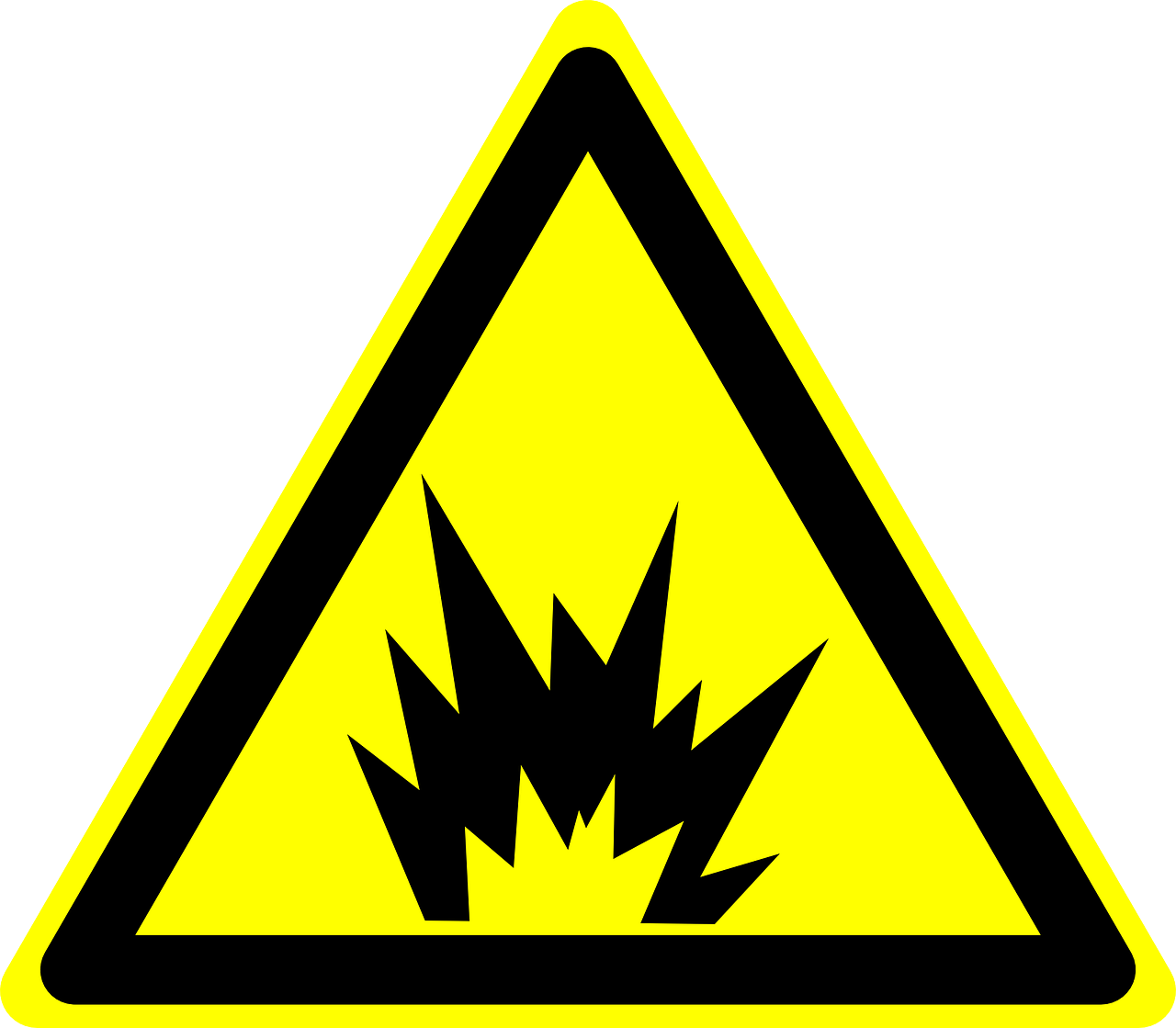 a yellow and black hazard sign on a white background, a picture, pixabay, shock art, explosions and lasers, diode, no gradients, closeup photo