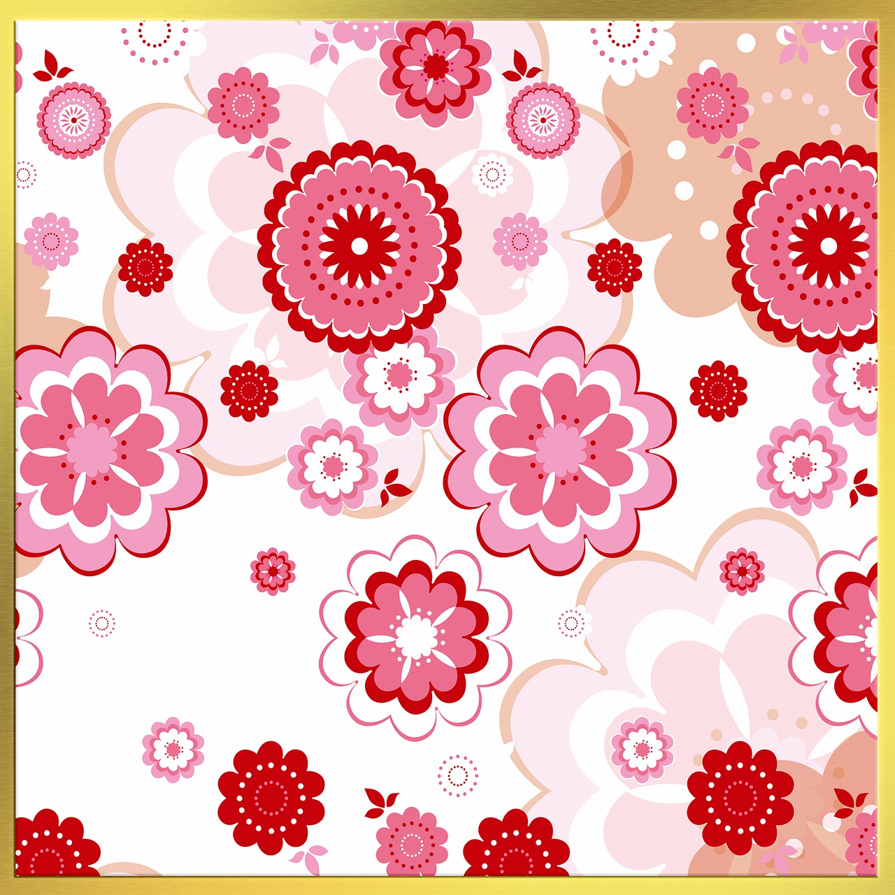 a pattern of red and pink flowers on a white background, vector art, inspired by Hasegawa Settan, flickr, sōsaku hanga, red and gold cloth, sakimi chan, birthday, background of flowery hill