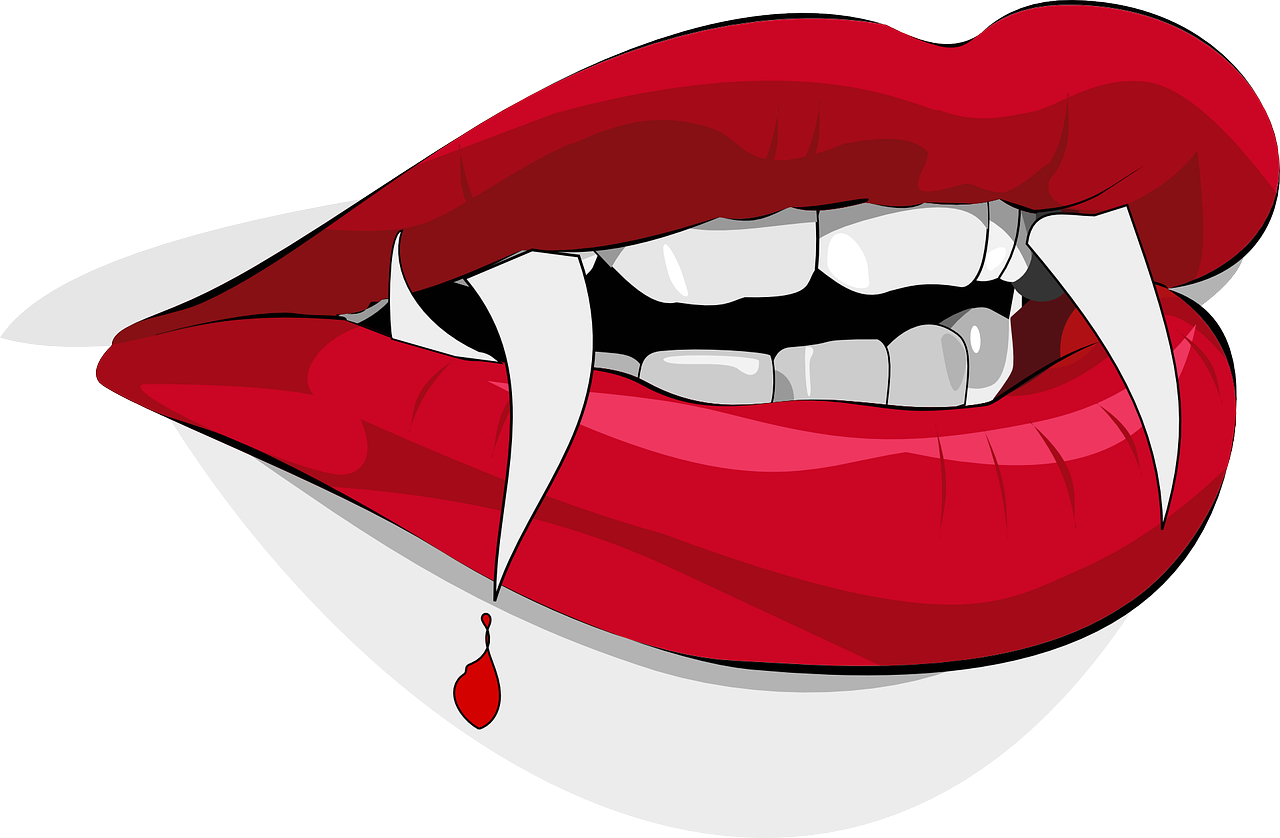 a close up of a person's mouth with blood dripping out of it, vector art, shutterstock, pop art, female vampire, two fangs, choker, with a white background