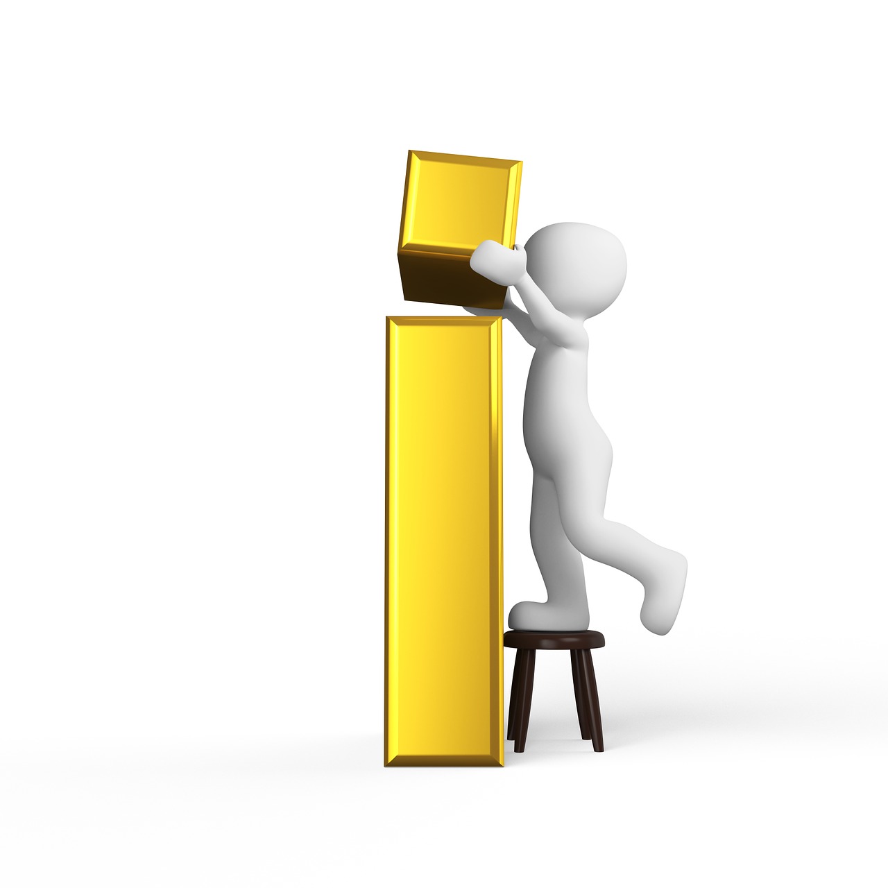 a person that is standing on a stool, a picture, trending on pixabay, conceptual art, gold bars, white background : 3, iq 4, pillar