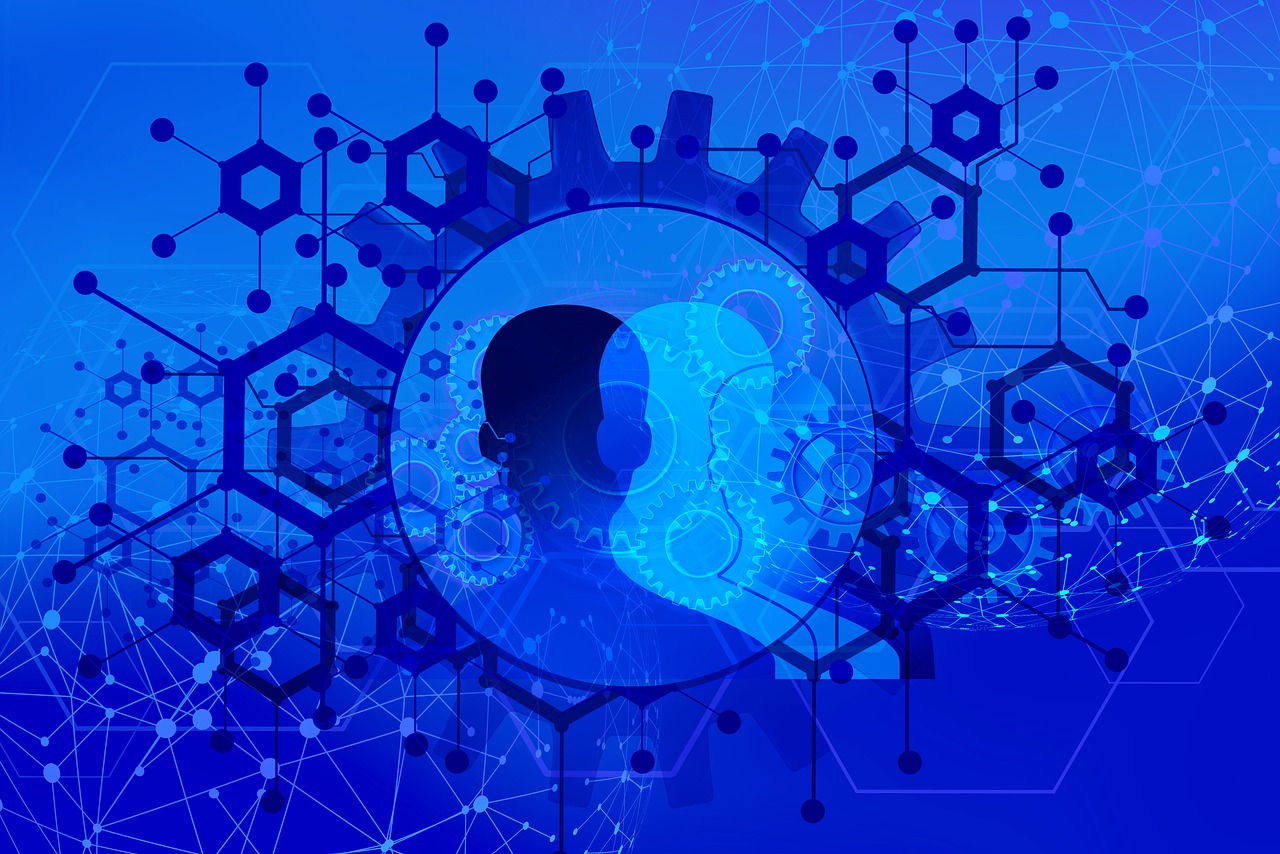 a person standing in front of a blue background, digital art, pixabay, bio chemical illustration, robot head and man head, woman silhouette, blockchain vault