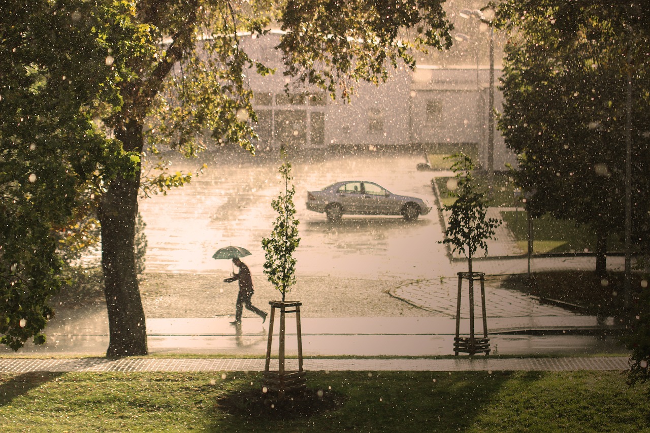 a person walking in the rain with an umbrella, by Ivan Grohar, unsplash contest winner, realism, during a hail storm, in a city park, late afternoon, there is water splash