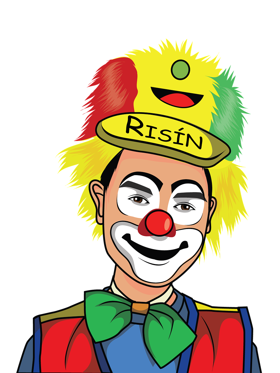 a clown with a big smile on his face, a cartoon, inspired by Bernd Fasching, irisdicense, justin sun, with a black background, robin
