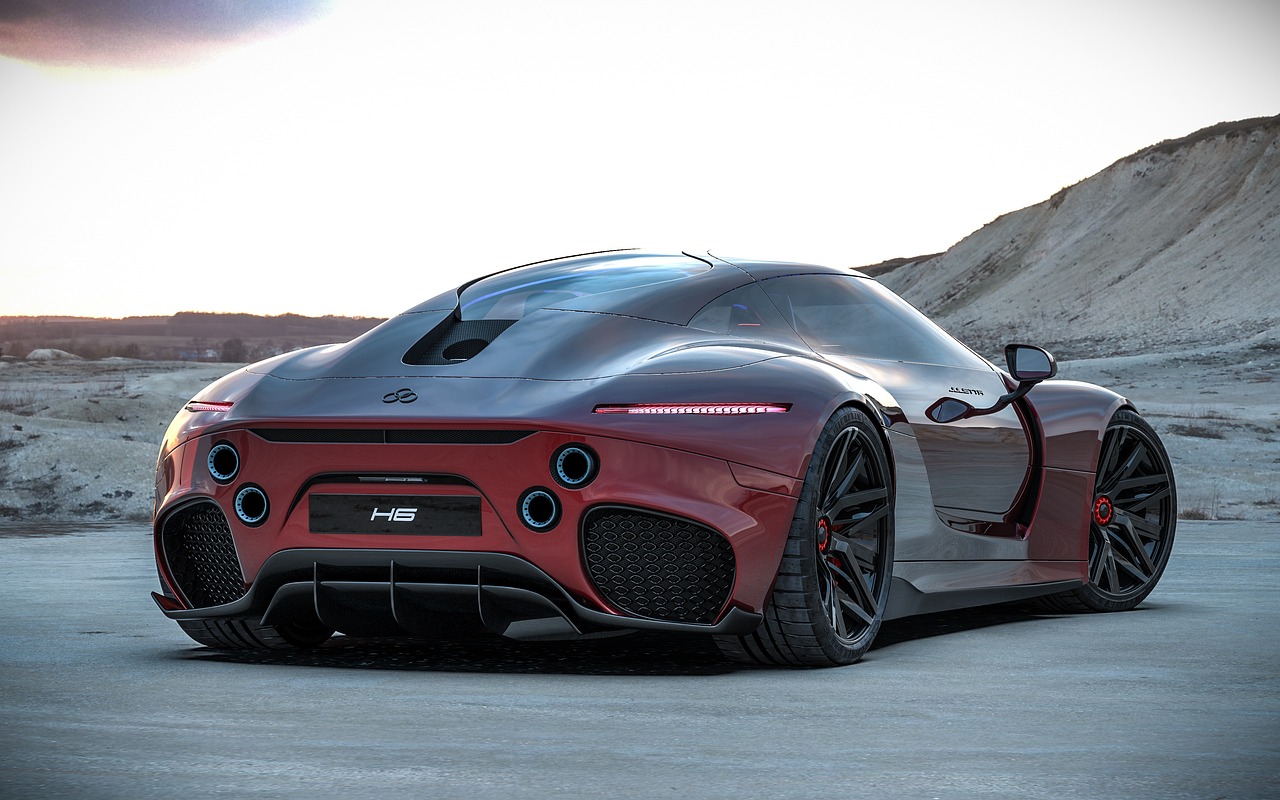 a red sports car is parked in the desert, a 3D render, inspired by Harry Haenigsen, tumblr, digital art, mercedes, closeup 4k, rear-shot, supercar