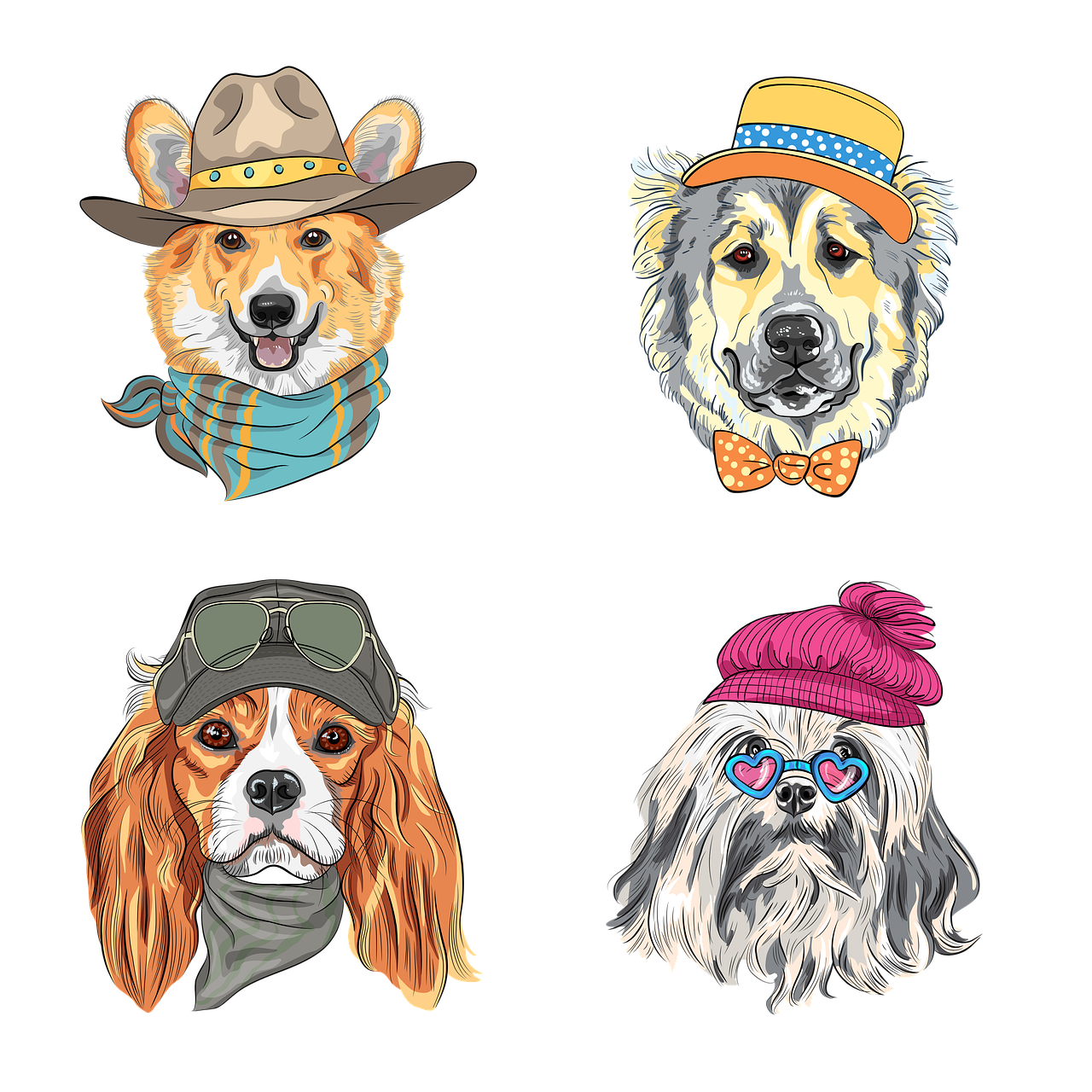 four dogs wearing hats and scarves on a black background, vector art, furry art, a beautiful artwork illustration, western comic style, full color illustration, portrait illustration