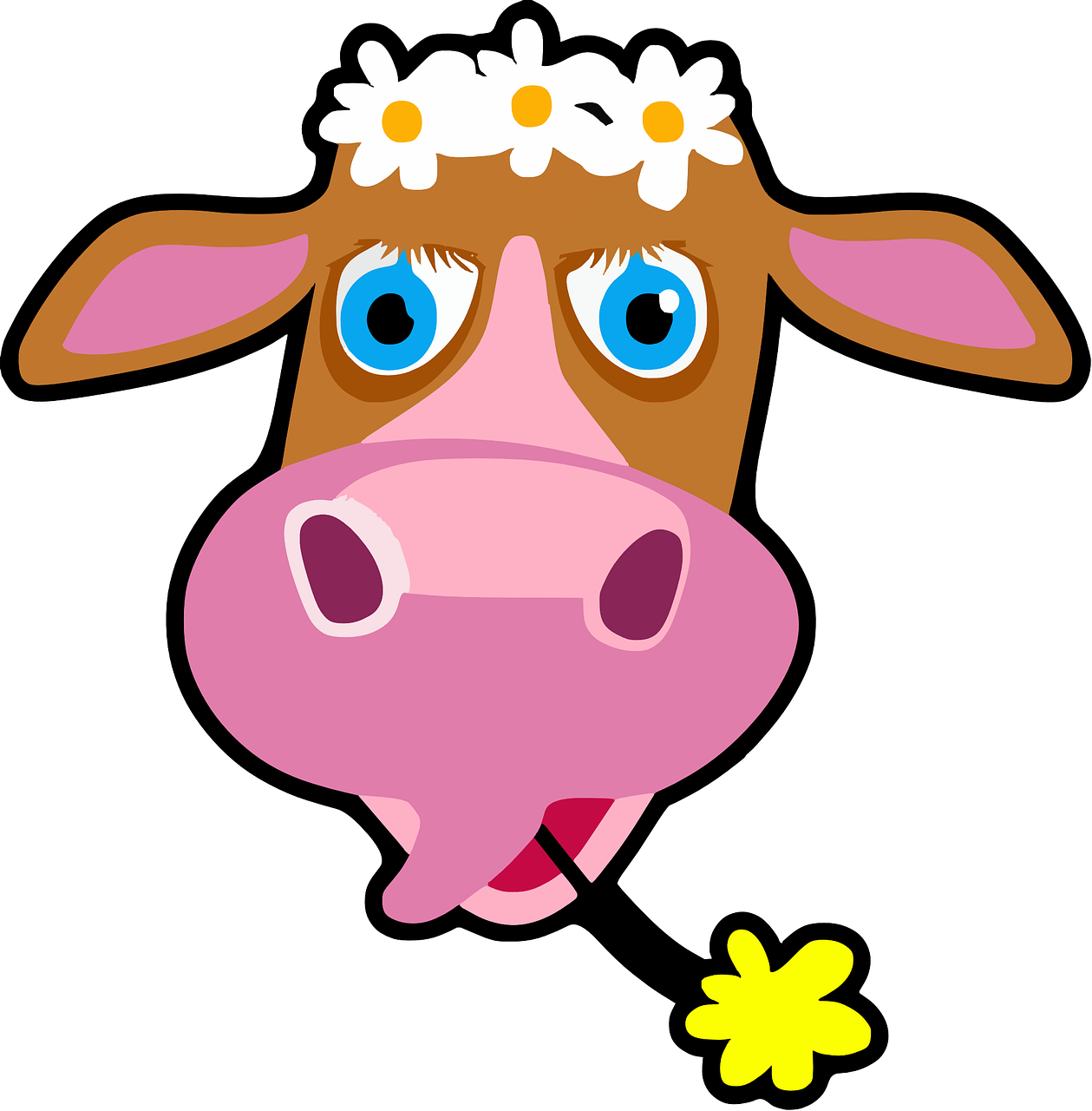 a brown and white cow with a flower in its mouth, cute silly face, !!! very coherent!!! vector art, h 640, giant daisy flower as head