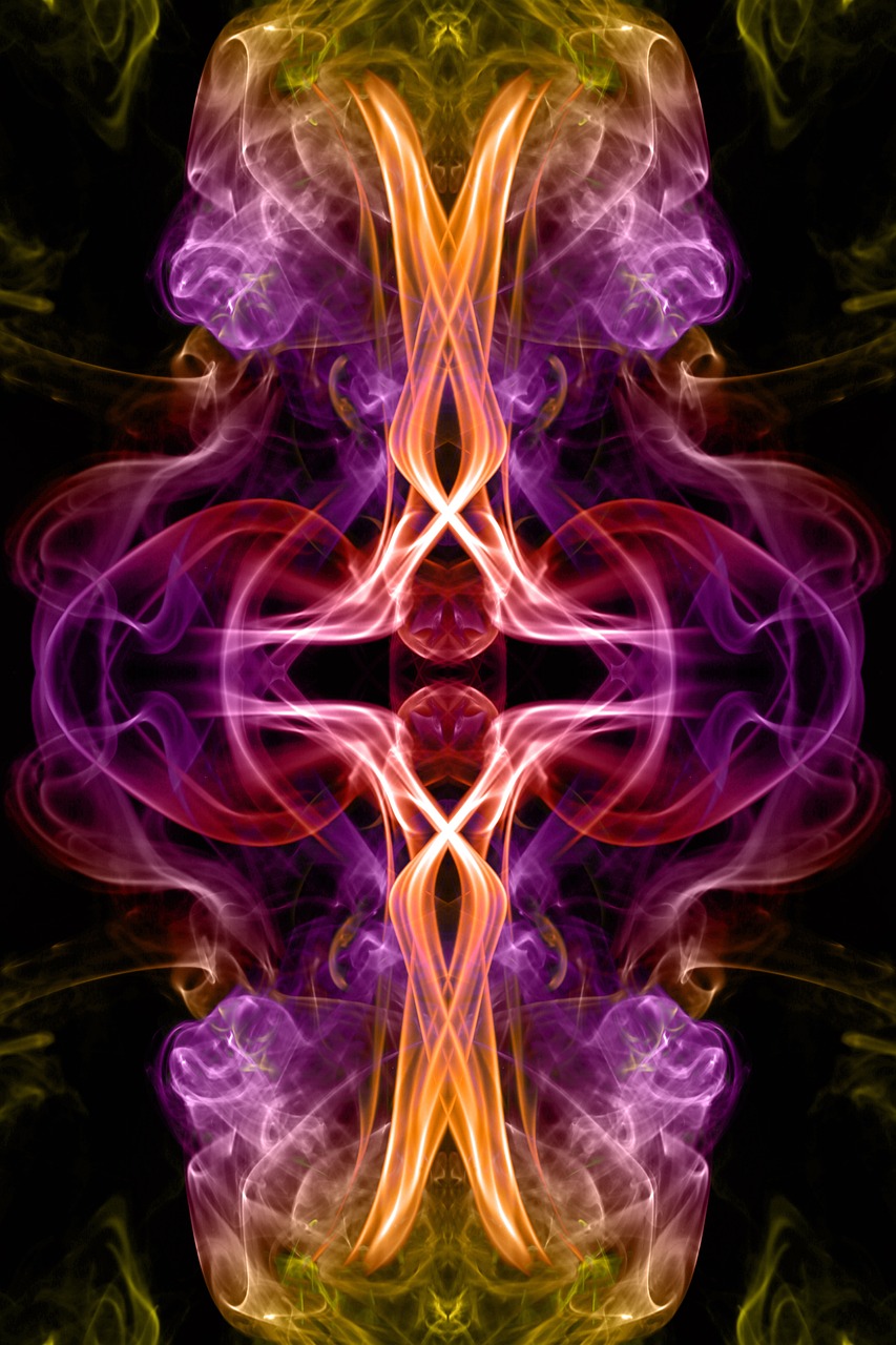 a cross made of colored smoke on a black background, digital art, inspired by Konrad Klapheck, flickr, abstract illusionism, symmetrical tarot card, orange purple and gold ”, fractal!, symmetric!