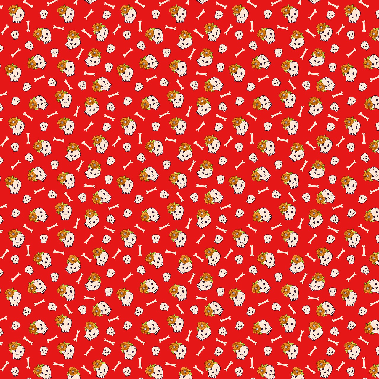 a pattern of skulls and bones on a red background, inspired by Saitō Kiyoshi, cute corgi, the sims 4 texture, red and golden color details, bozo the clown. clown motif