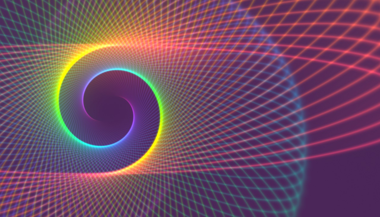 a computer generated image of a colorful spiral, digital art, inspired by Gabriel Dawe, pexels, techno neon projector background, vectorial curves, nonagon infinity, colorful wires
