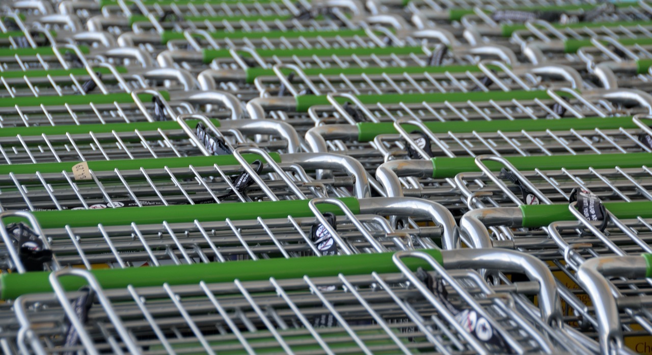 a bunch of shopping carts sitting next to each other, by Armin Hansen, precisionism, green lines, very crisp details, stood in a supermarket, detailed picture
