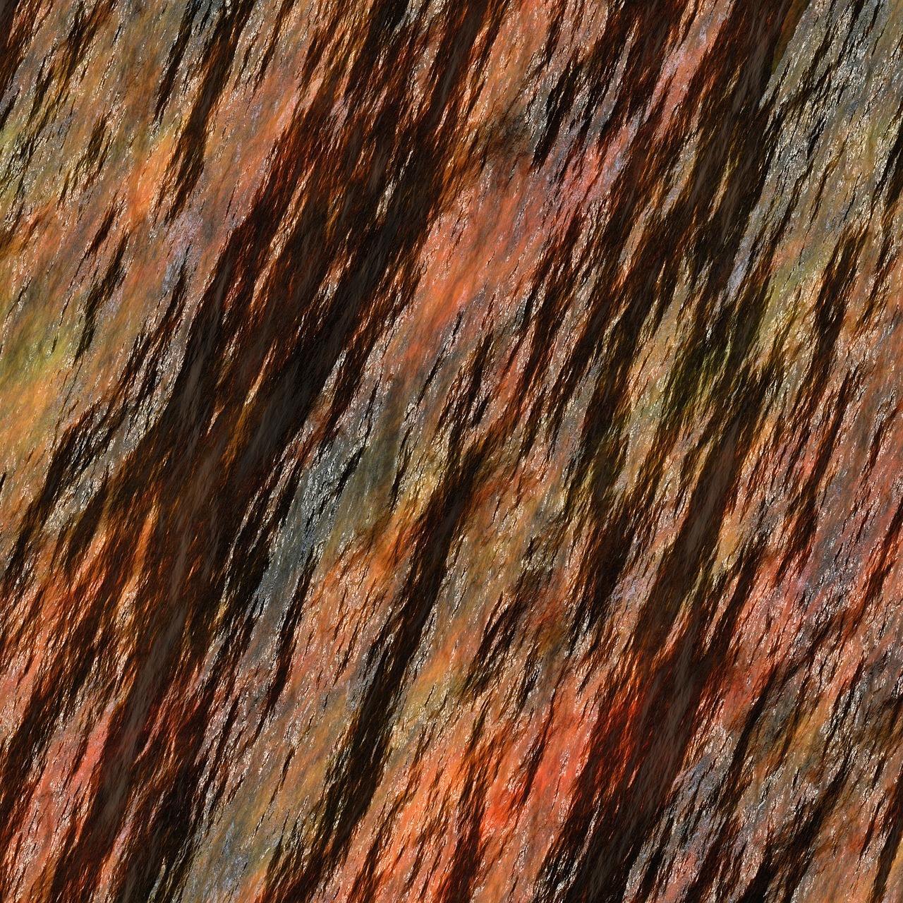 a close up of the bark of a tree, a digital rendering, inspired by Lorentz Frölich, orange rocks, dark rainbow colored fur, martian sands background, abstract cloth simulation