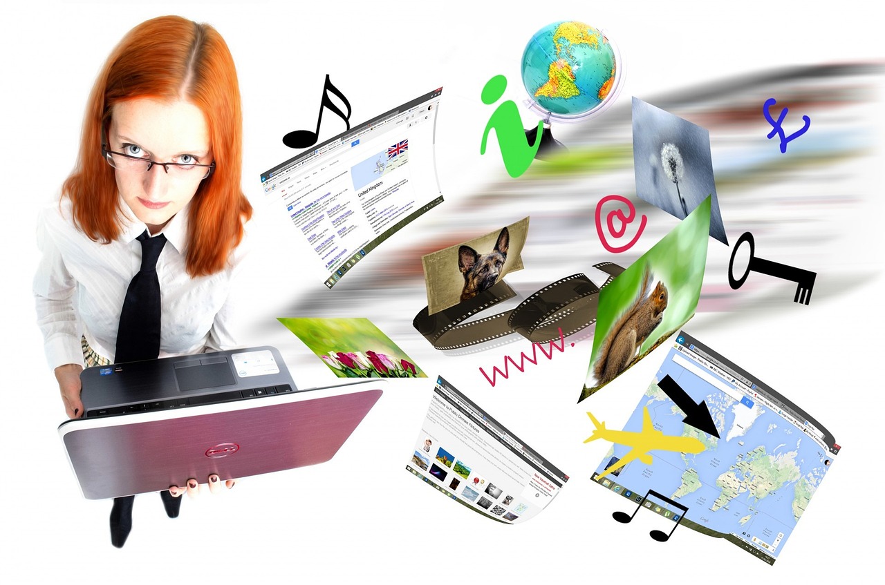 a woman sitting in front of a laptop computer, a picture, trending on pixabay, computer art, 3d collage, document photo, lots of pictures, marketing photo