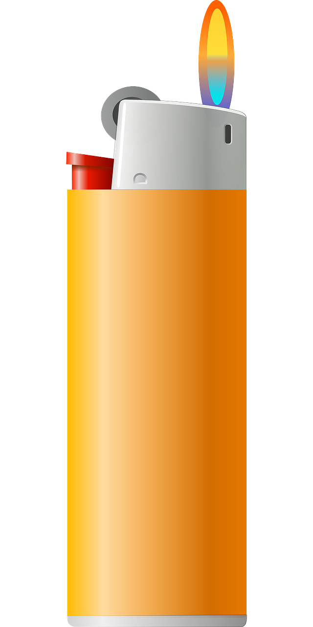 a lighter with a flame coming out of it, by Andrei Kolkoutine, minimalism, no gradients, two colors, small chamber. hyperrealistic, yellow orange