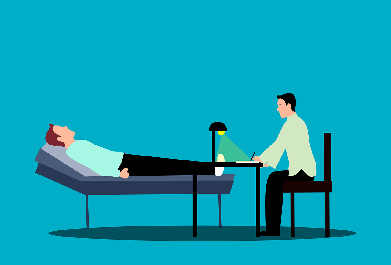 a man that is laying down on a bed, an illustration of, pixabay, digital art, doctors office, interview, headspace, wide wide shot