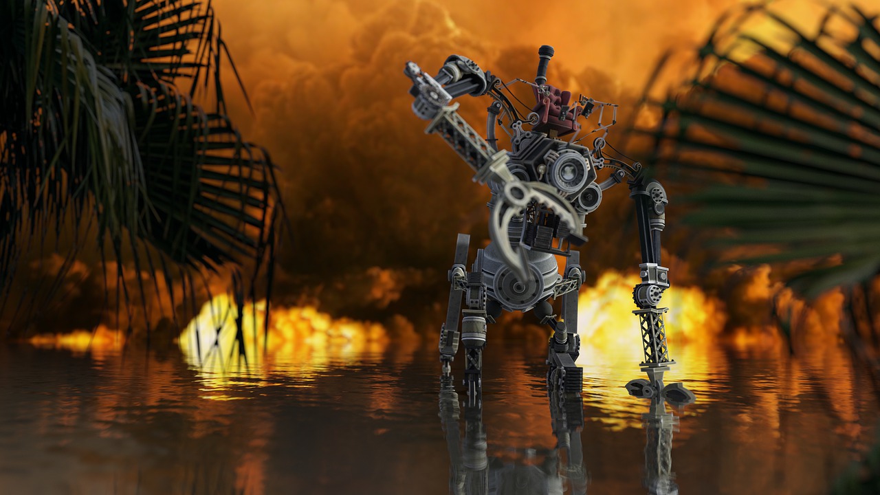 a robot that is standing in the water, a screenshot, inspired by Otto Eckmann, dada, realistic apocalyptic war scene, african steampunk alchemist, made from mechanical parts, walking out of flames