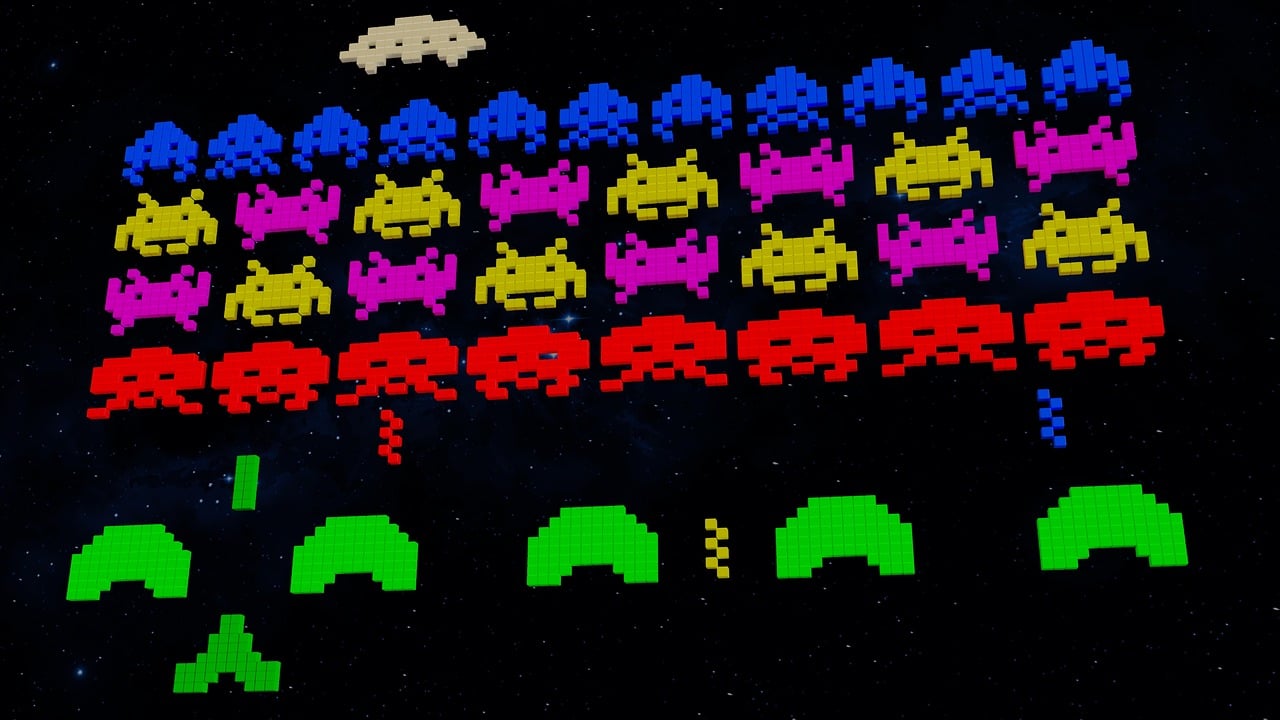 an image of space invaders on a black background, inspired by Victor Moscoso, pexels, colorful vivid octane render, colored accurately, ps 3 screenshot, background aerial battle