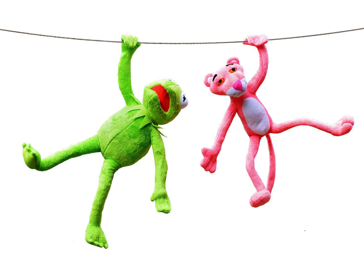a couple of stuffed animals hanging from a rope, a picture, by Edward Corbett, pexels, green and pink, reaching out to each other, as a muppet, with a black background