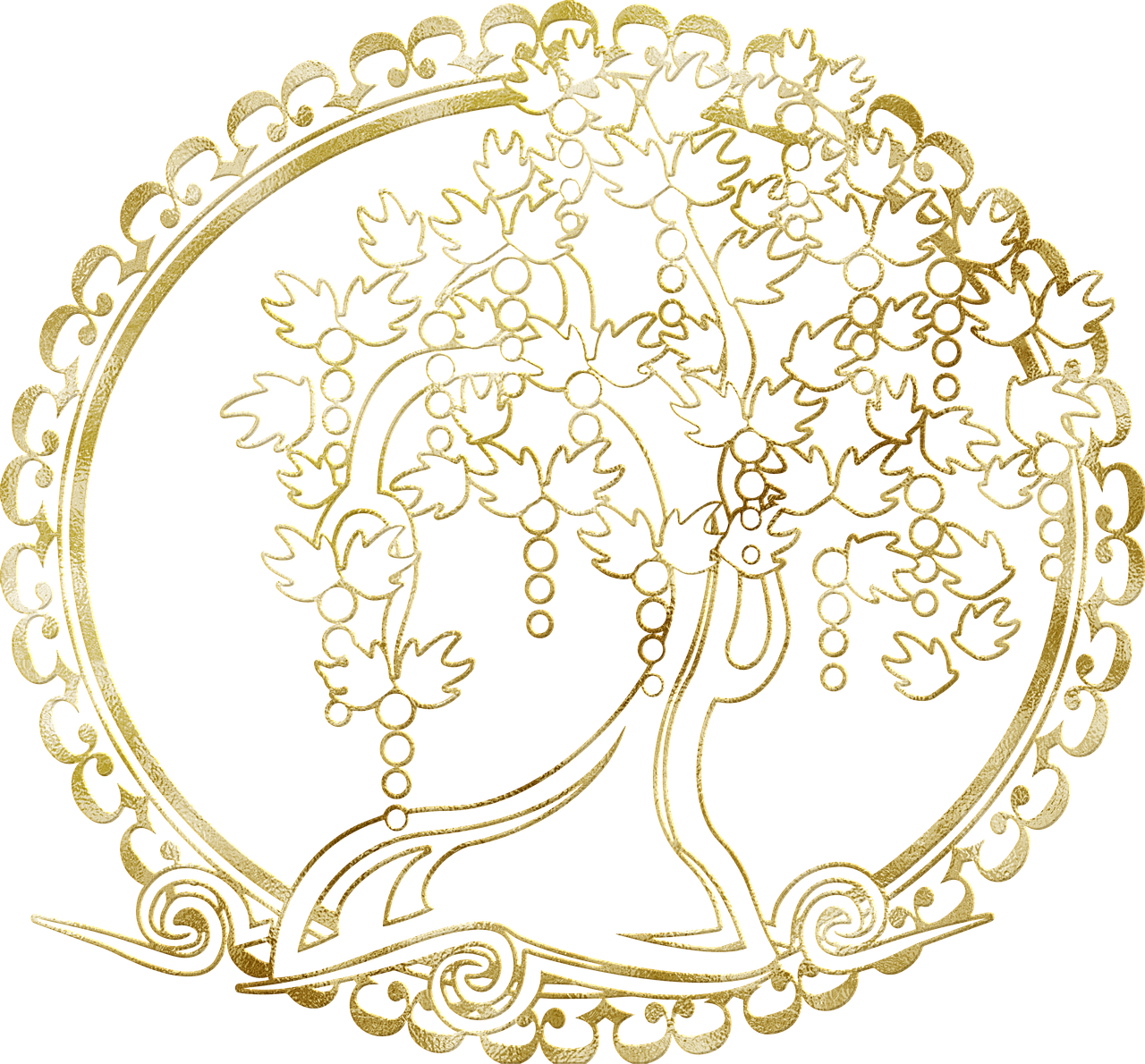 a gold tree of life on a black background, a digital rendering, inspired by Sesshū Tōyō, trending on pixabay, art nouveau, filigree frame, 1 8 th century spring ornaments, wine, graphic 4 5