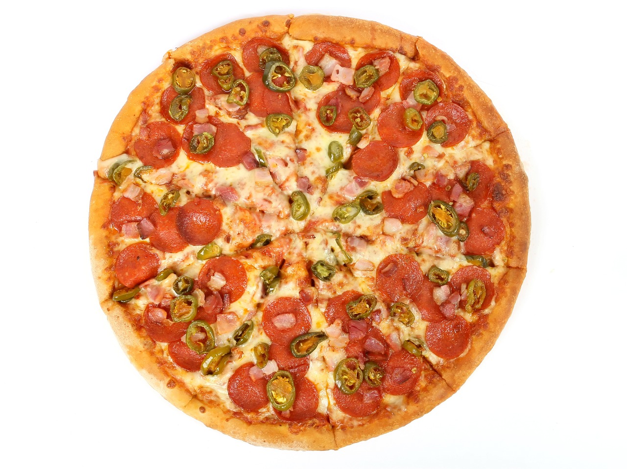 a pizza with pepperoni and jalapenos on it, h 7 0 4, birdseye view, kano), order now