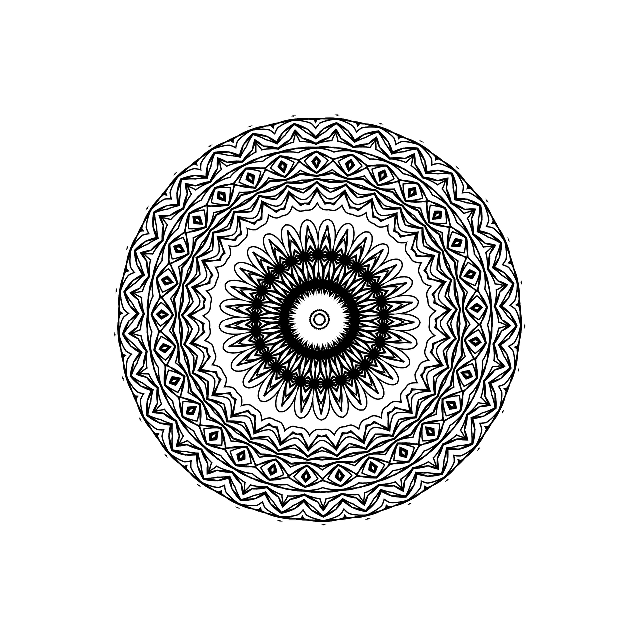 a black and white circular design on a black background, by Russell Patterson, tool band art, lowres, mandalas, amoled wallpaper