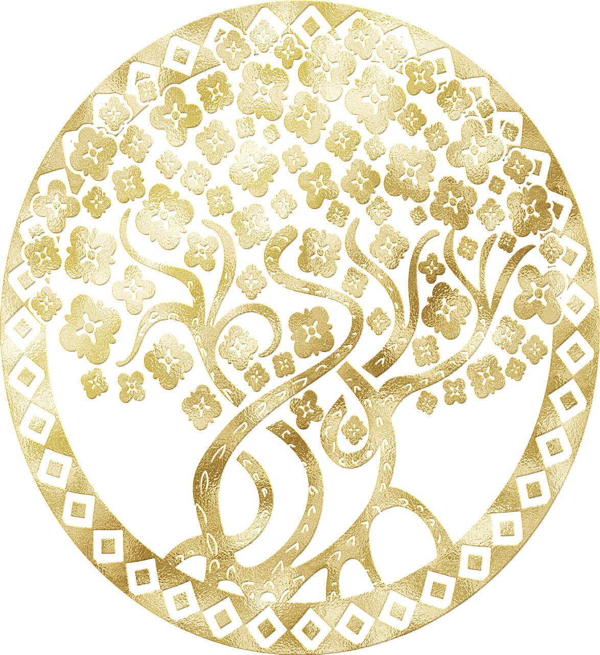a gold tree of life on a black background, a digital rendering, cloisonnism, round-cropped, vintage art deco, ornamental bone carvings, beautiful sunny day