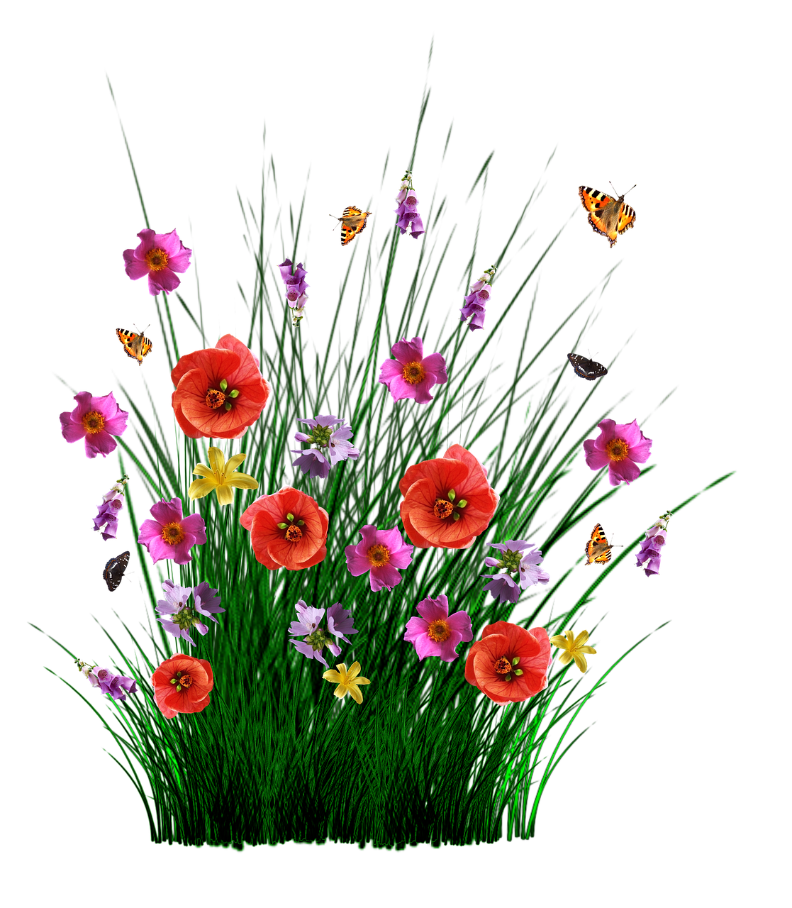 a bunch of flowers sitting on top of a lush green field, a digital rendering, digital art, on black background, flowers and butterflies, very beautiful photo, straw