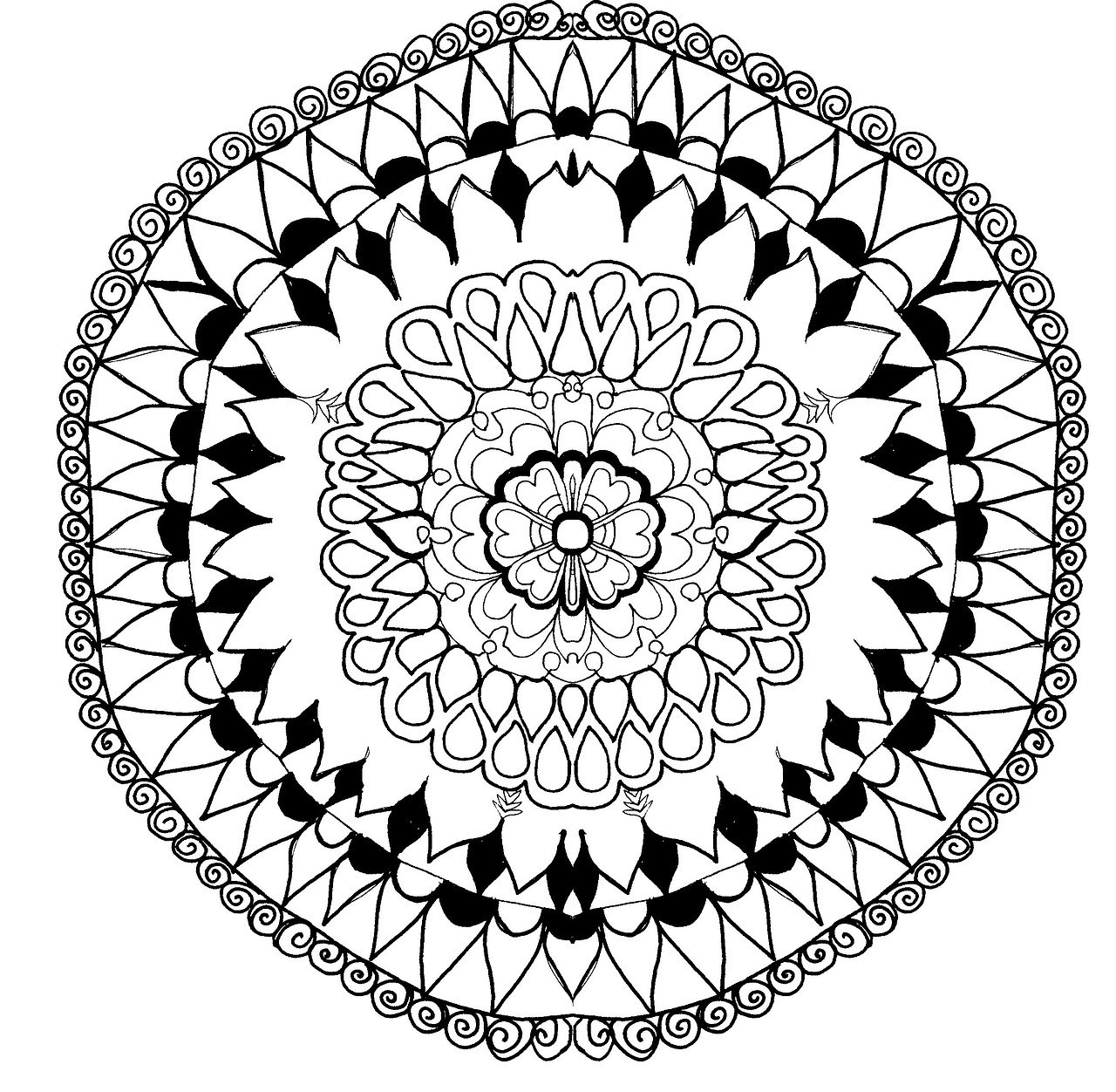 a black and white drawing of a flower, a detailed drawing, arabesque, a beautiful buddhist mandala, white background and fill, everything enclosed in a circle, a wide shot