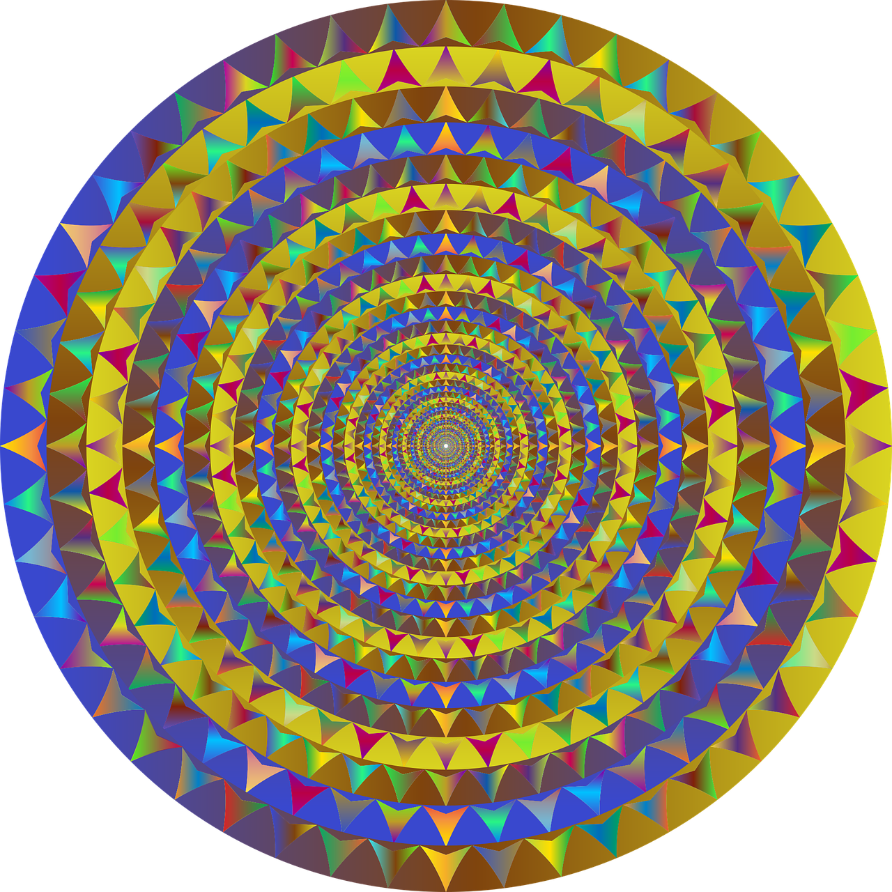 a colorful circular design on a black background, a mosaic, psychedelic art, in triangular formation, happy!!!, high res, yantra