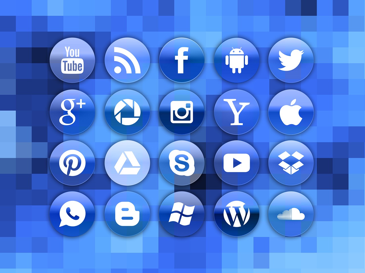 a bunch of buttons sitting on top of a blue background, a photo, pixabay, digital art, logo for a social network, industries, glazed, dominant wihte and blue colours