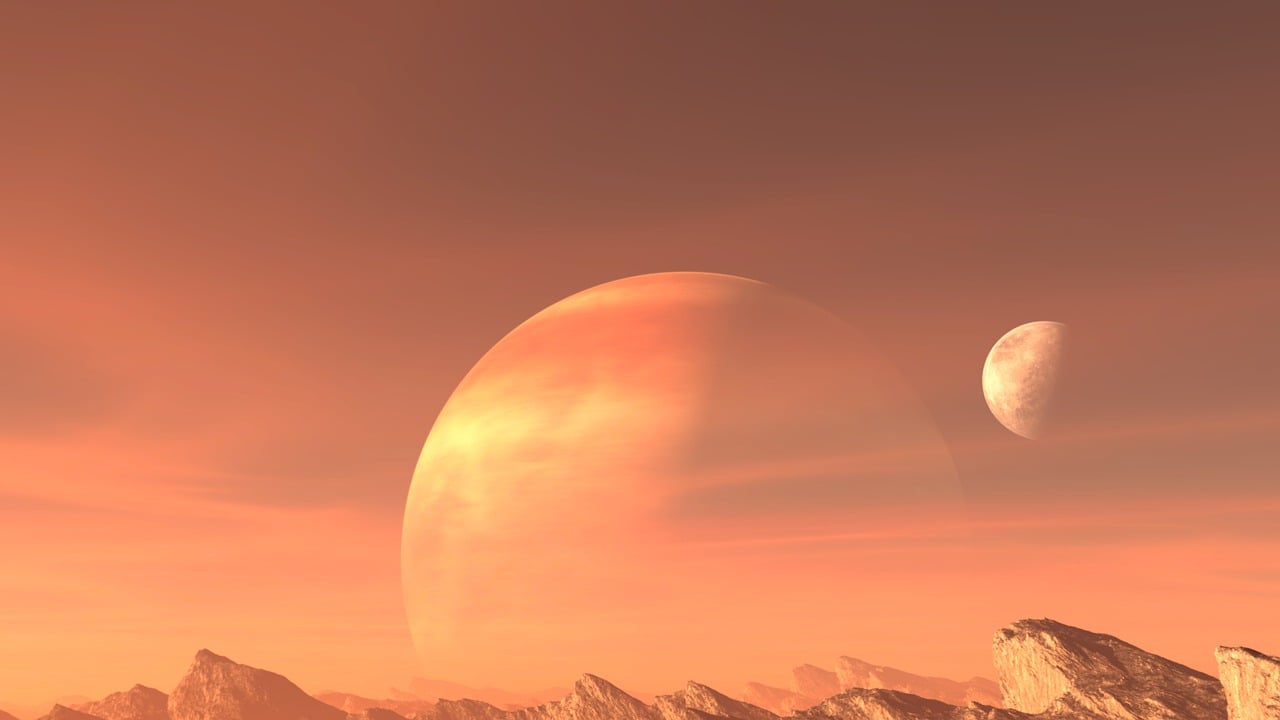 a couple of planets that are in the sky, a digital rendering, by Alexander Kucharsky, pastel orange sunset, wallpaper mobile, empty space background, ssci-fi and fantasy