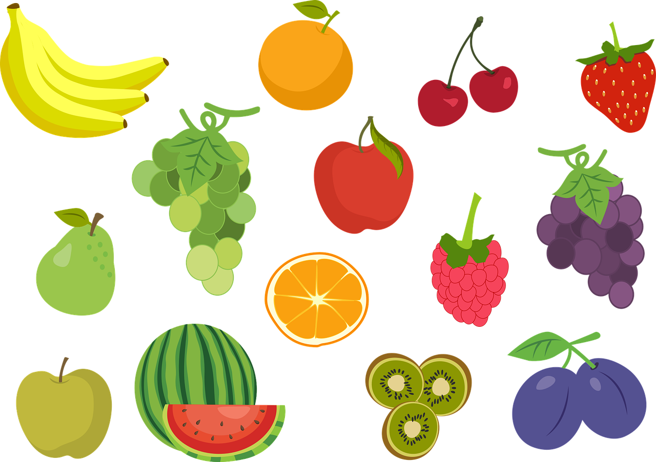 a variety of fruits and vegetables on a black background, vector art, by Matt Stewart, trending on pixabay, pop art, 😃😀😄☺🙃😉😗, tropical fruit, beginner art, “berries