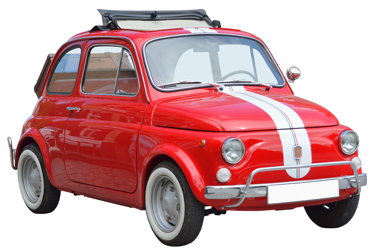 a small red car with a surfboard on top, a portrait, inspired by Francesco Filippini, trending on pixabay, renaissance, trimmed with a white stripe, ape, very high contrast, front profile shot